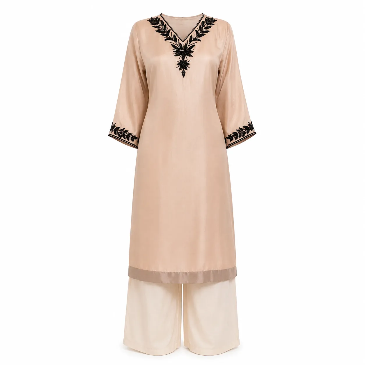 Beige Cord Set with Black Embroidered Neckline and Sleeves